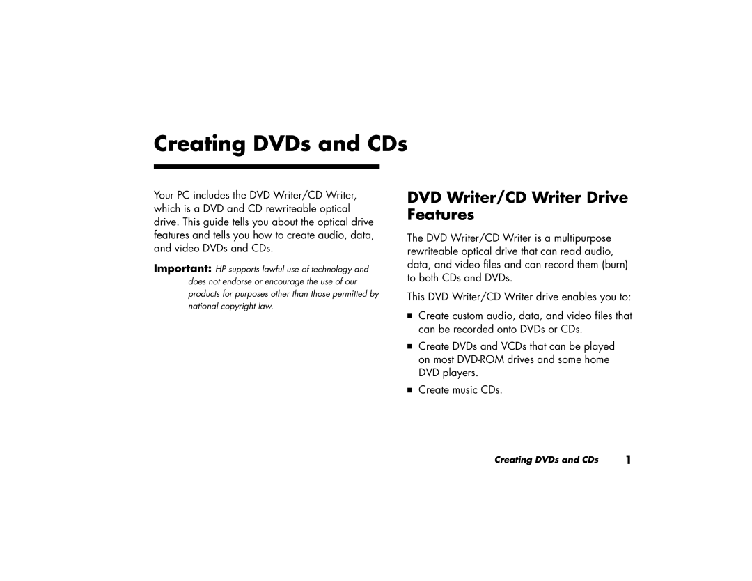 HP 876x, m280n, m260n, m270n, 896c, 886c, 856x manual Creating DVDs and CDs, DVD Writer/CD Writer Drive Features 