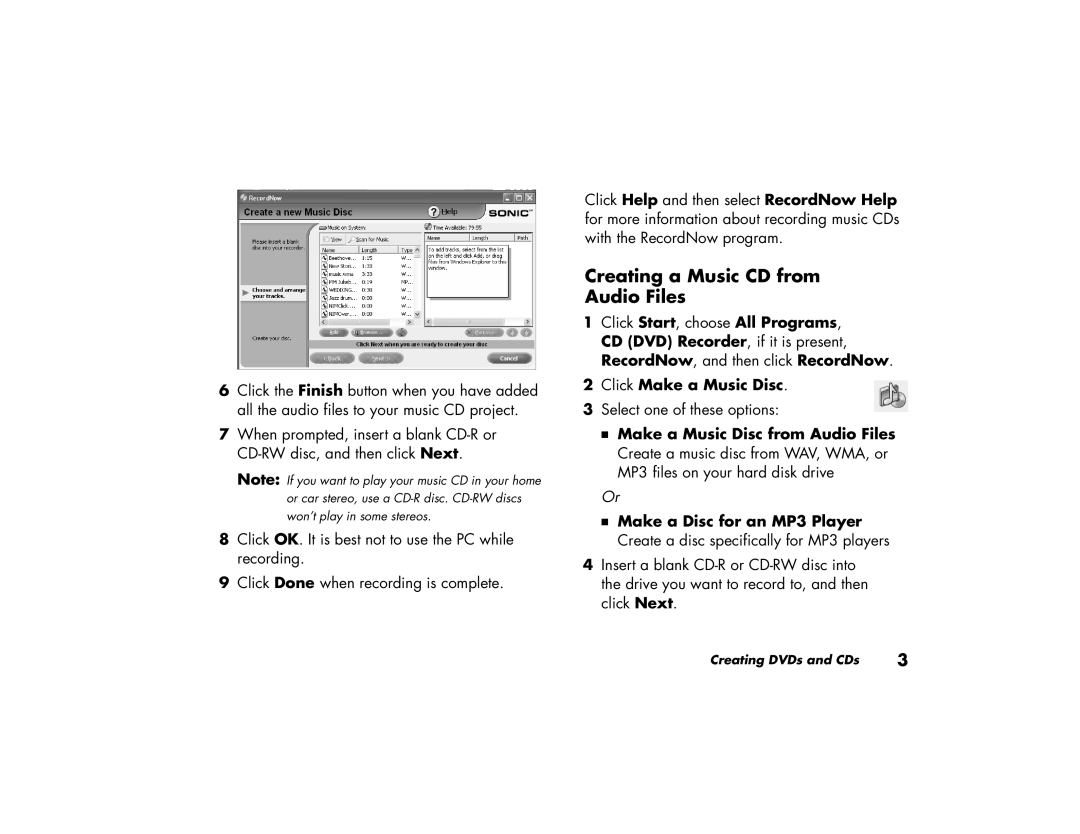 HP m280n, m260n, m270n, 896c, 886c, 876x, 856x manual Creating a Music CD from Audio Files, Click Make a Music Disc 