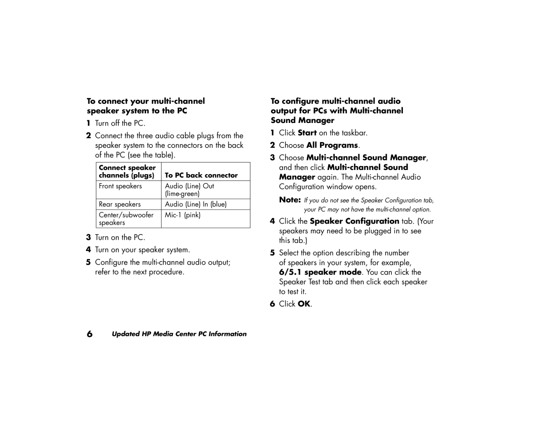 HP m260n, m270 To connect your multi-channel speaker system to the PC, Connect speaker Channels plugs To PC back connector 