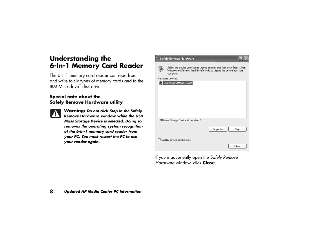 HP m200y (D7219Q), m280n, m270 Understanding In-1 Memory Card Reader, Special note about Safely Remove Hardware utility 