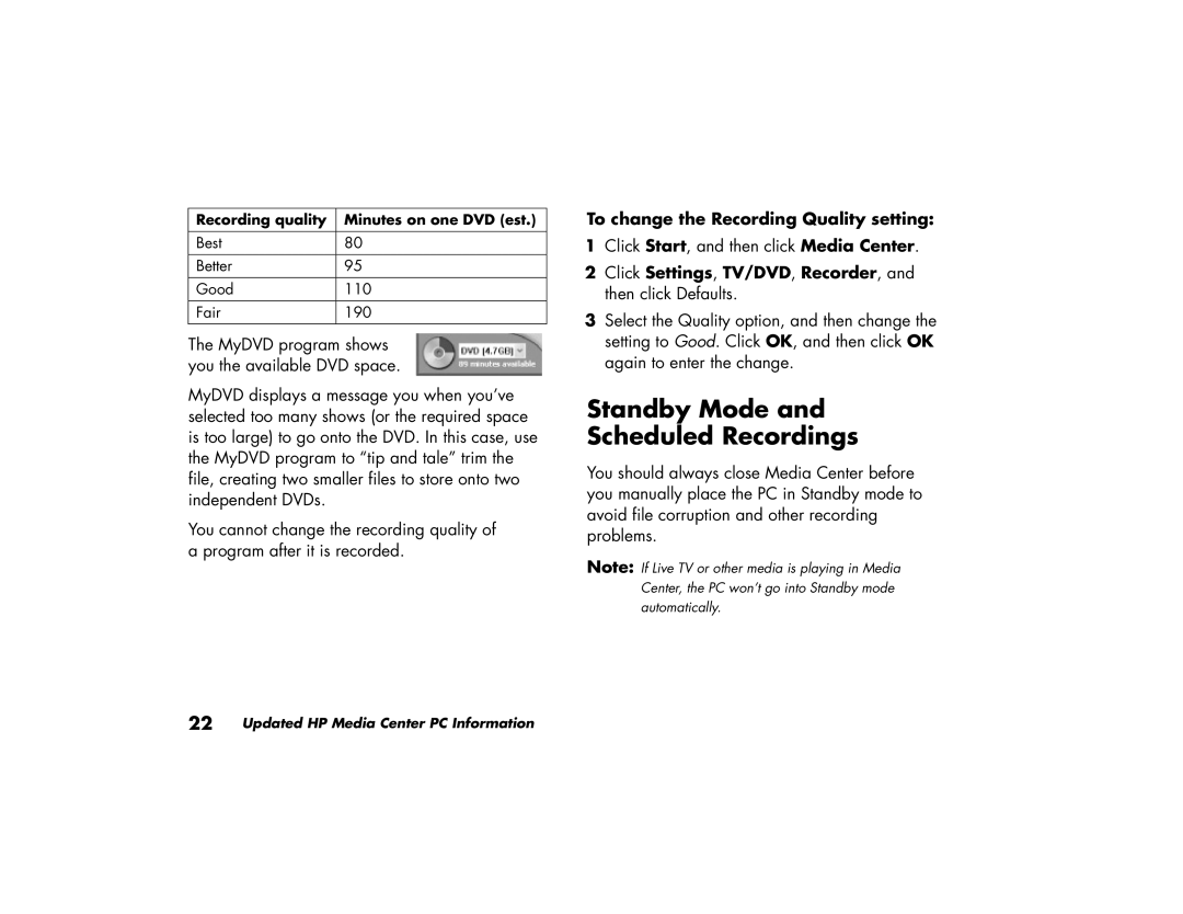 HP m260n, m280n, m270n, m200y (D7219Q) Standby Mode and Scheduled Recordings, To change the Recording Quality setting 