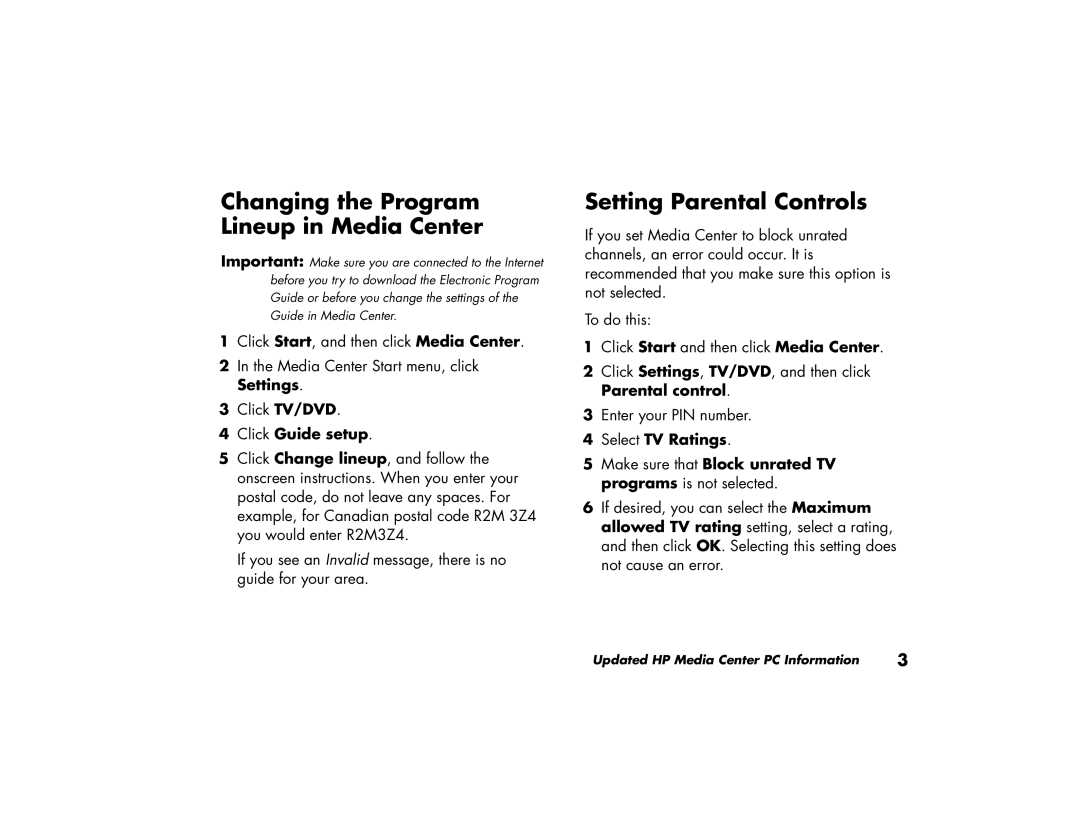 HP 856x, m280n, m260n, m270n Changing the Program Lineup in Media Center, Setting Parental Controls, Click Guide setup 