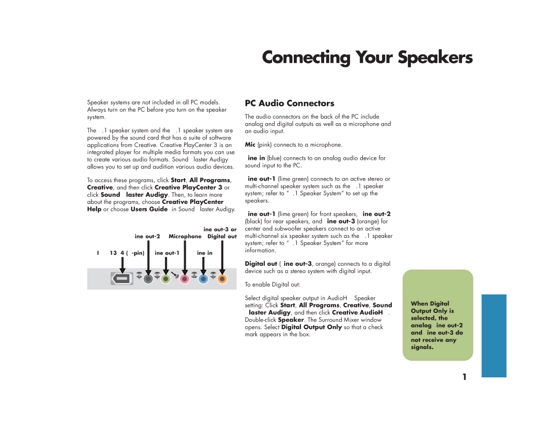 HP 884n, m280n, m270n, m200y (D7219Q), 894c, 896c, 886c, 883n, 876x, 873n, 864, 854 Connecting Your Speakers, PC Audio Connectors 