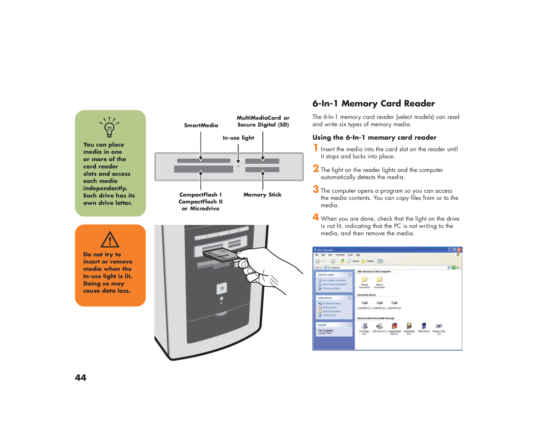 HP m280n, m270n, m200y (D7219Q), 894c, 896c, 886c, 884n, 883n In-1 Memory Card Reader, Using the 6-In-1 memory card reader 