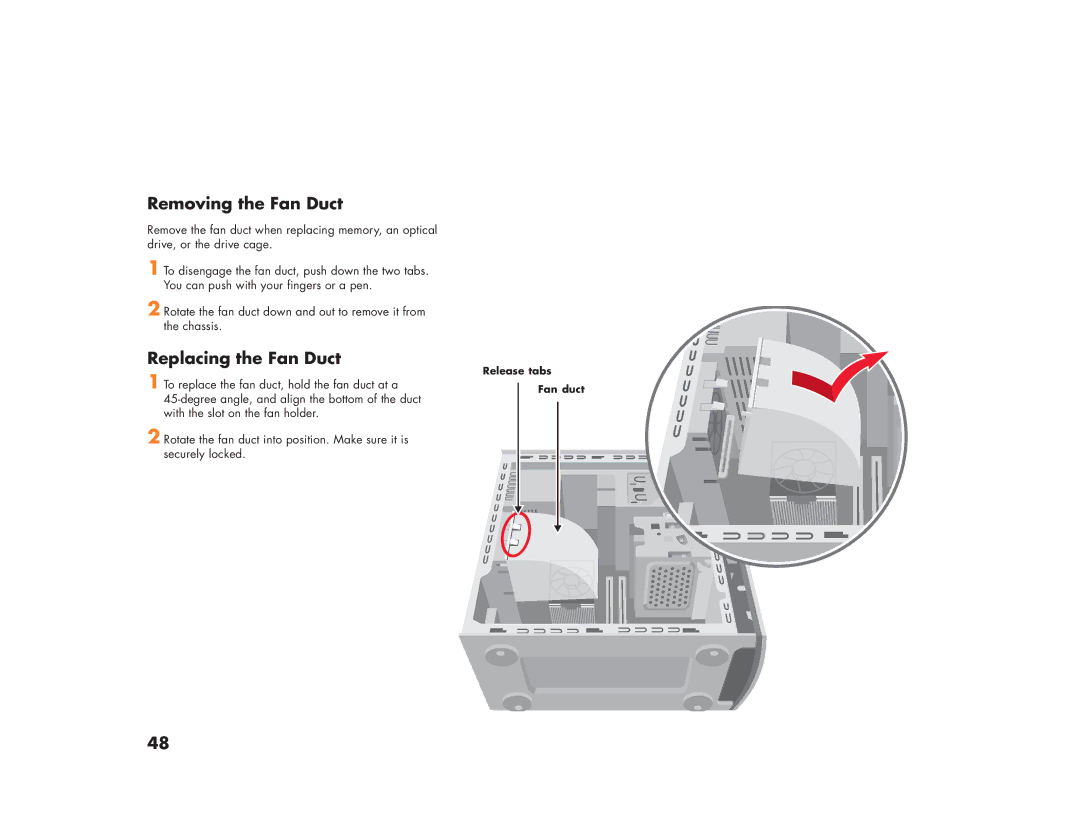 HP 896c, m280n, m270n, m200y (D7219Q), 894c, 886c, 884n, 883n, 876x, 873n, 864 Removing the Fan Duct, Replacing the Fan Duct 