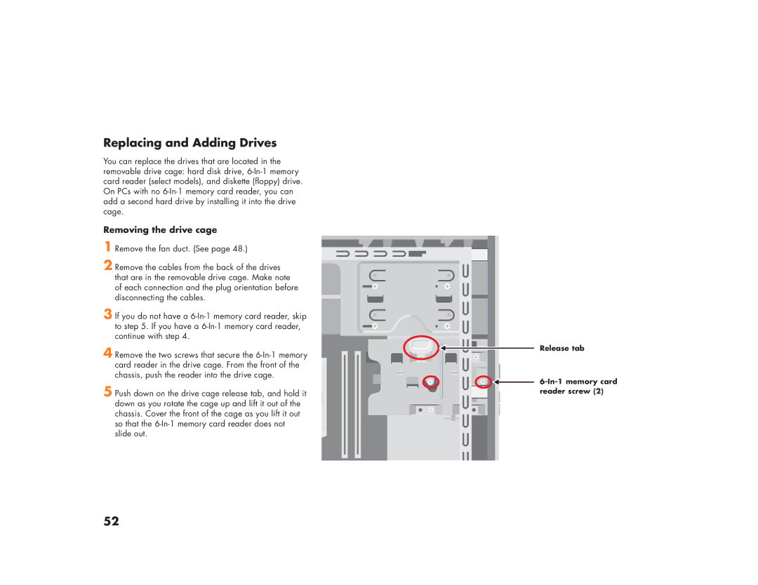 HP 883n, m280n, m270n, m200y (D7219Q), 894c, 896c, 886c, 884n, 876x Replacing and Adding Drives, Removing the drive cage 