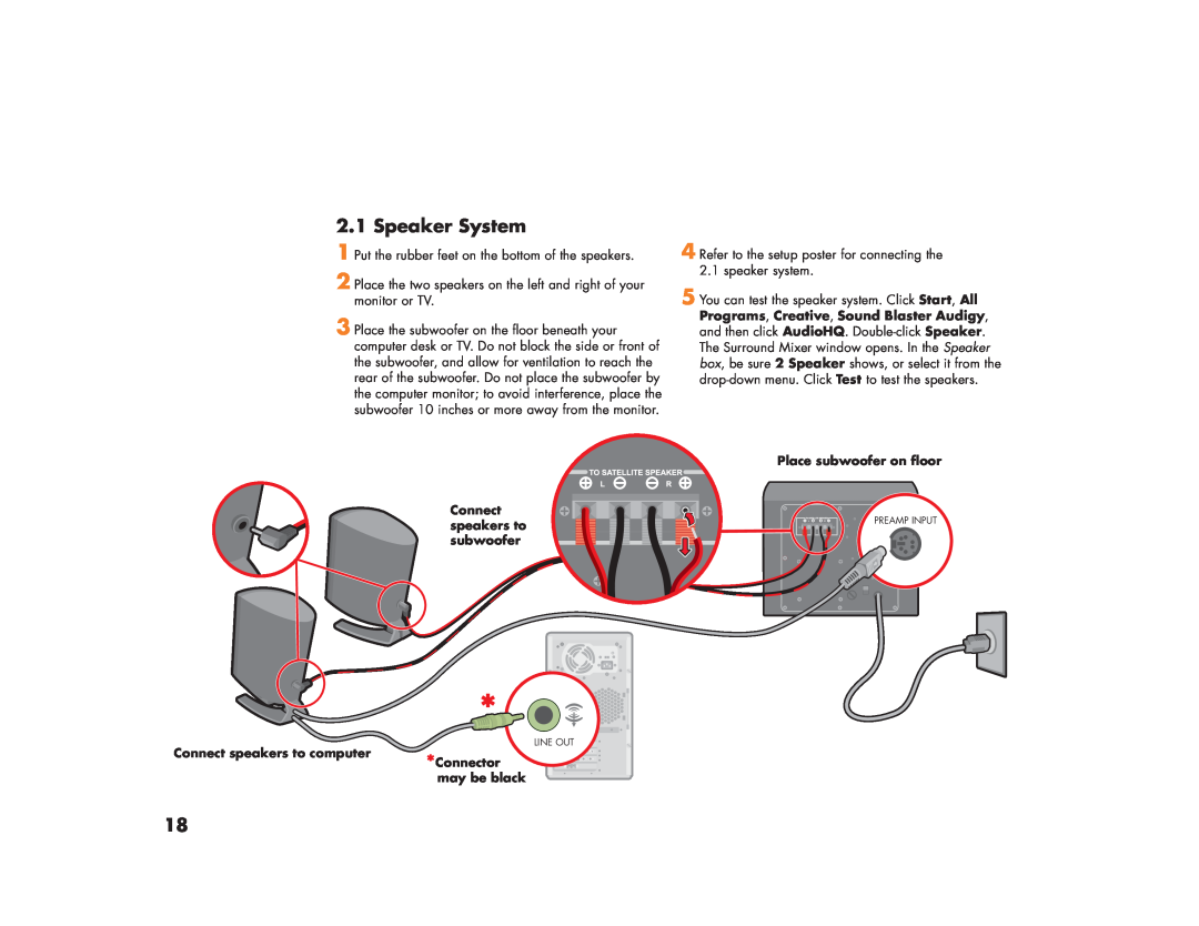 HP 883n, m280n, m270, 884 Speaker System, Connect speakers to subwoofer, Connect speakers to computer Connector may be black 
