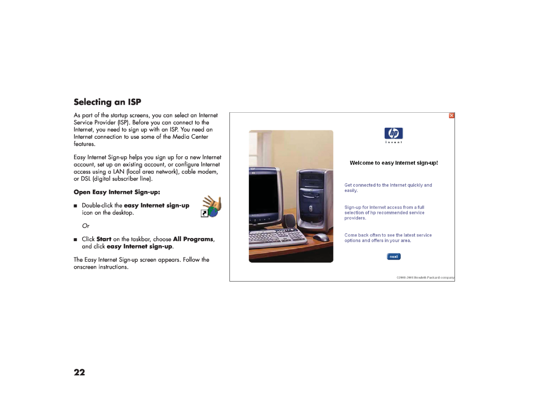 HP 856x, m280n Selecting an ISP, Open Easy Internet Sign-up, Double-click the easy Internet sign-up icon on the desktop 