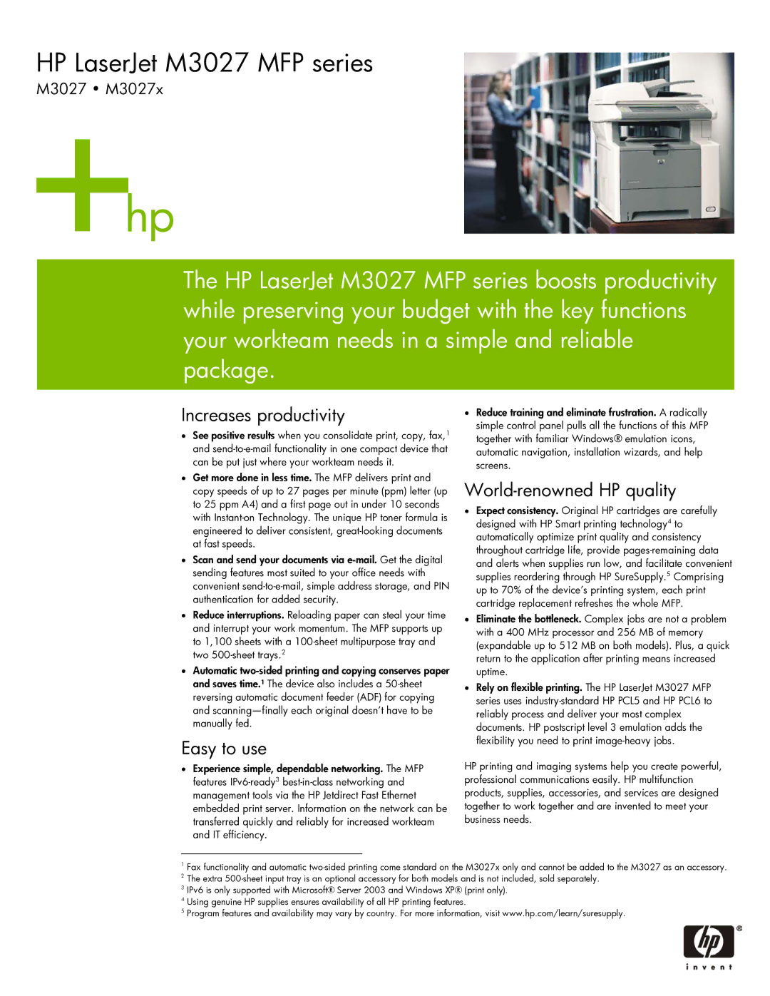 HP M3027 MFP manual Increases productivity, Easy to use, World-renowned HP quality 