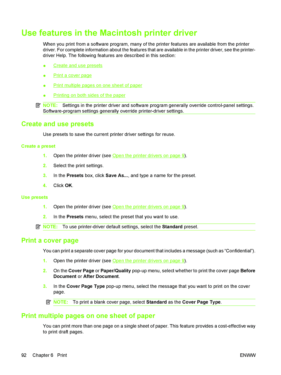 HP M3027/M3035 manual Use features in the Macintosh printer driver, Create and use presets, Print a cover, Create a preset 