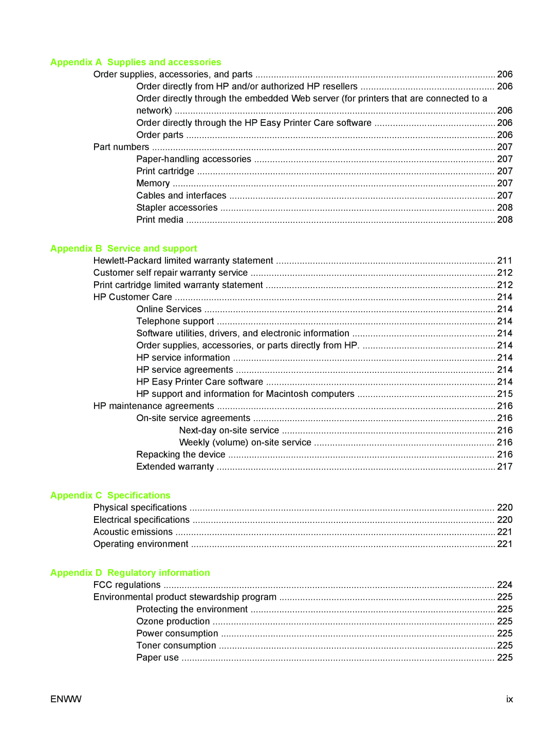 HP M3027/M3035 manual Appendix a Supplies and accessories, Appendix B Service and support, Appendix C Specifications 