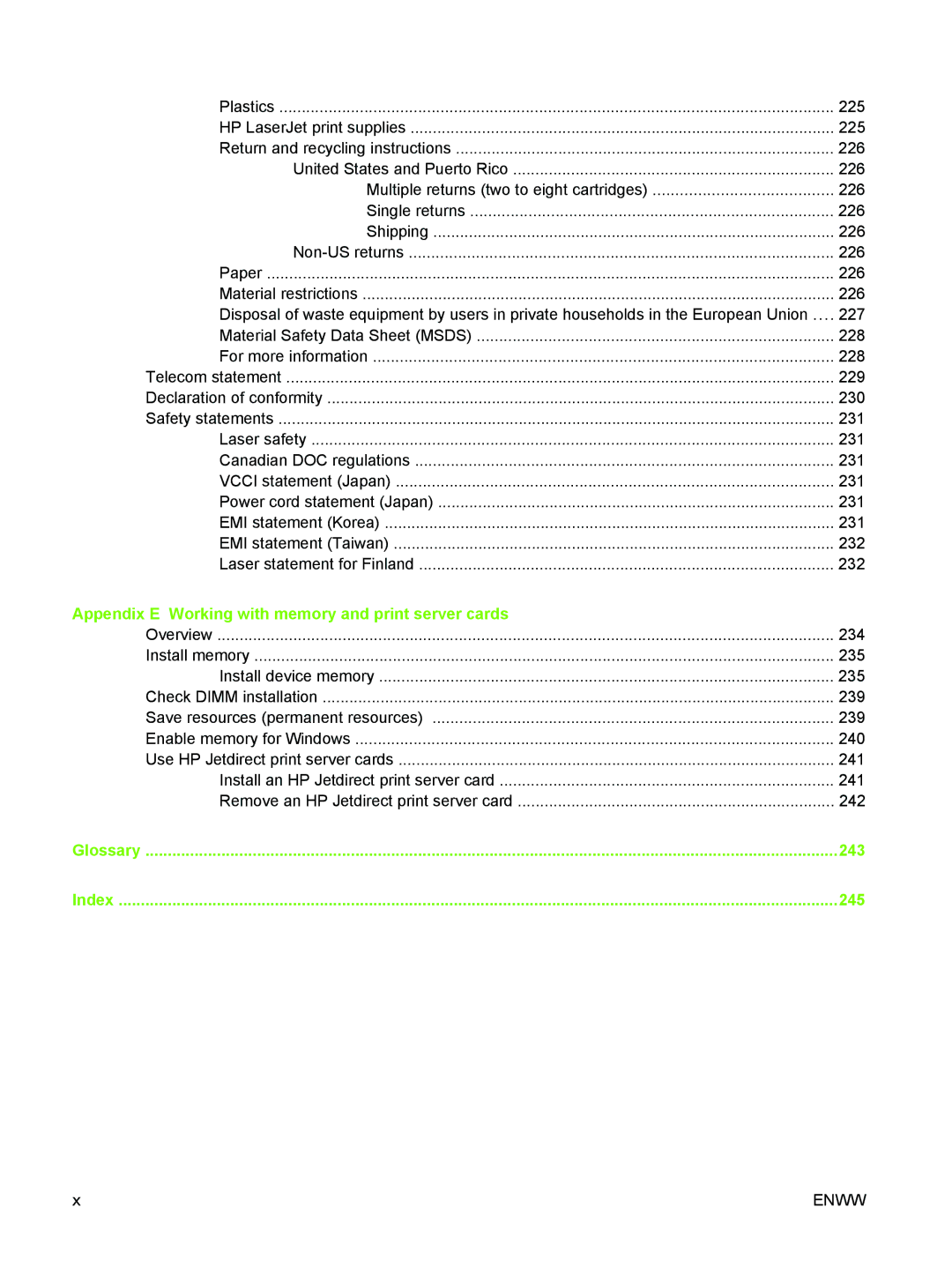 HP M3027/M3035 manual Appendix E Working with memory and print server cards, 243, 245 