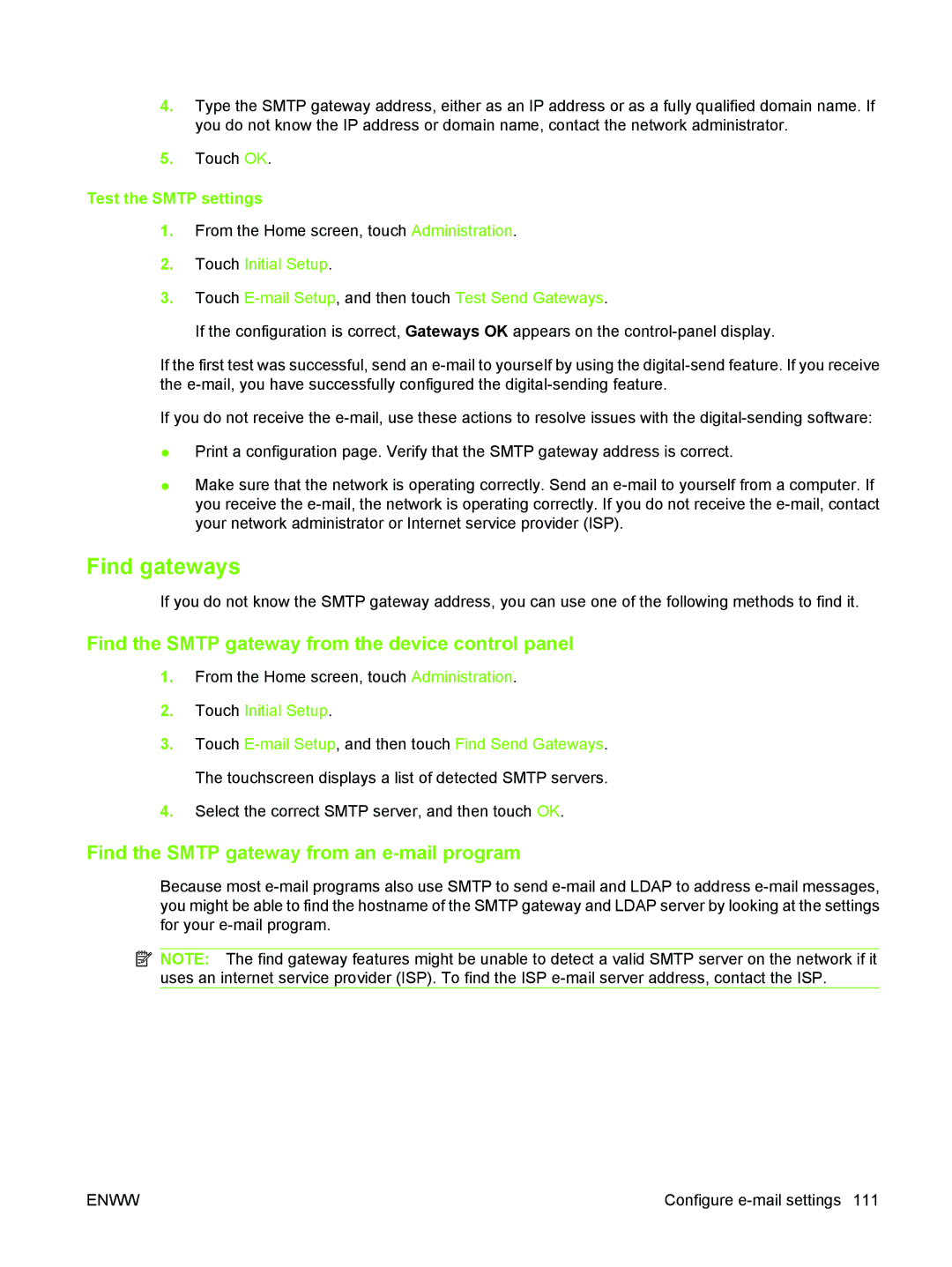 HP M3027/M3035 manual Find gateways, Find the Smtp gateway from the device control panel, Test the Smtp settings 