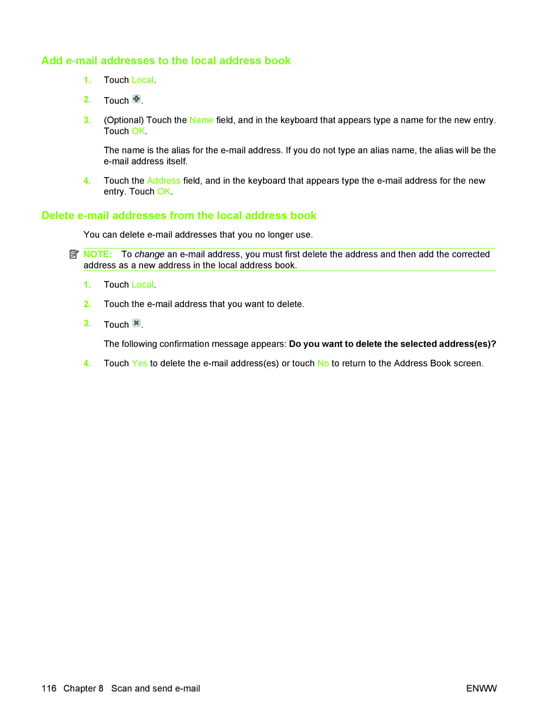 HP M3027/M3035 manual Add e-mail addresses to the local address book, Delete e-mail addresses from the local address book 