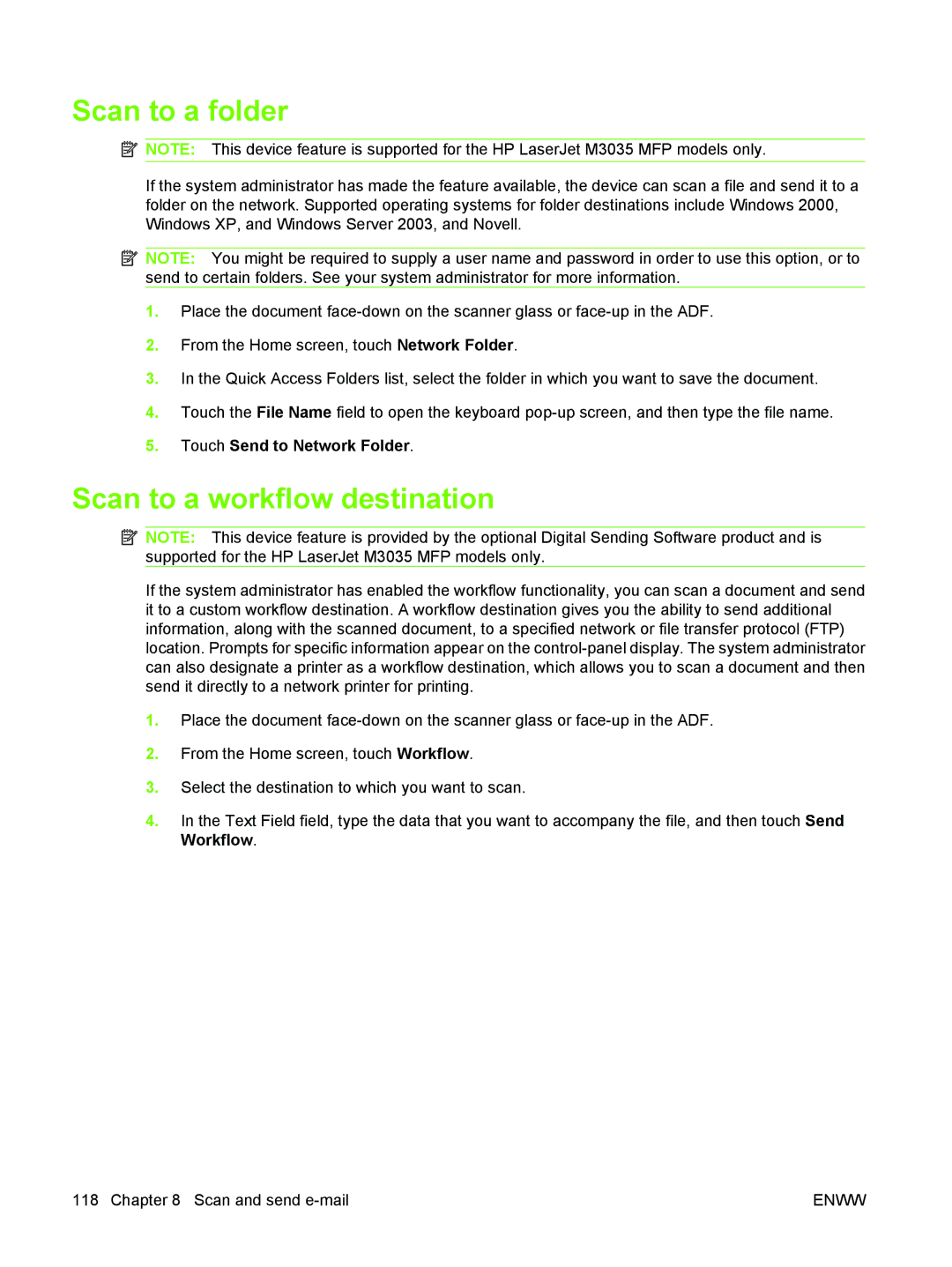 HP M3027/M3035 manual Scan to a folder, Scan to a workflow destination 