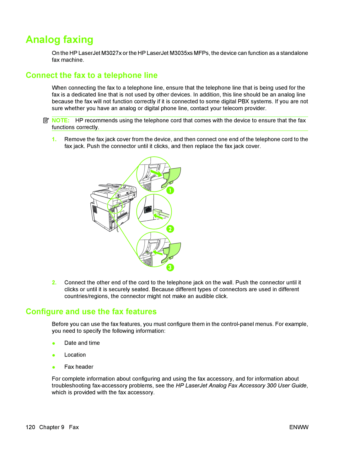 HP M3027/M3035 manual Analog faxing, Connect the fax to a telephone line, Configure and use the fax features 