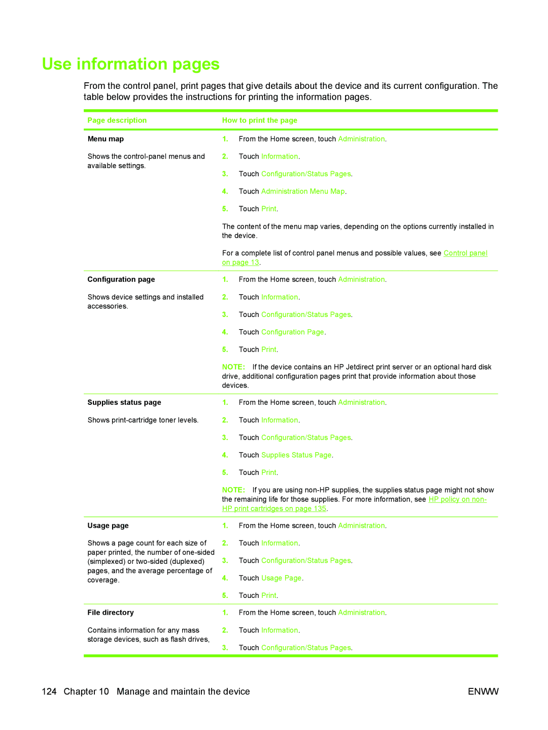 HP M3027/M3035 manual Use information pages, Description How to print 