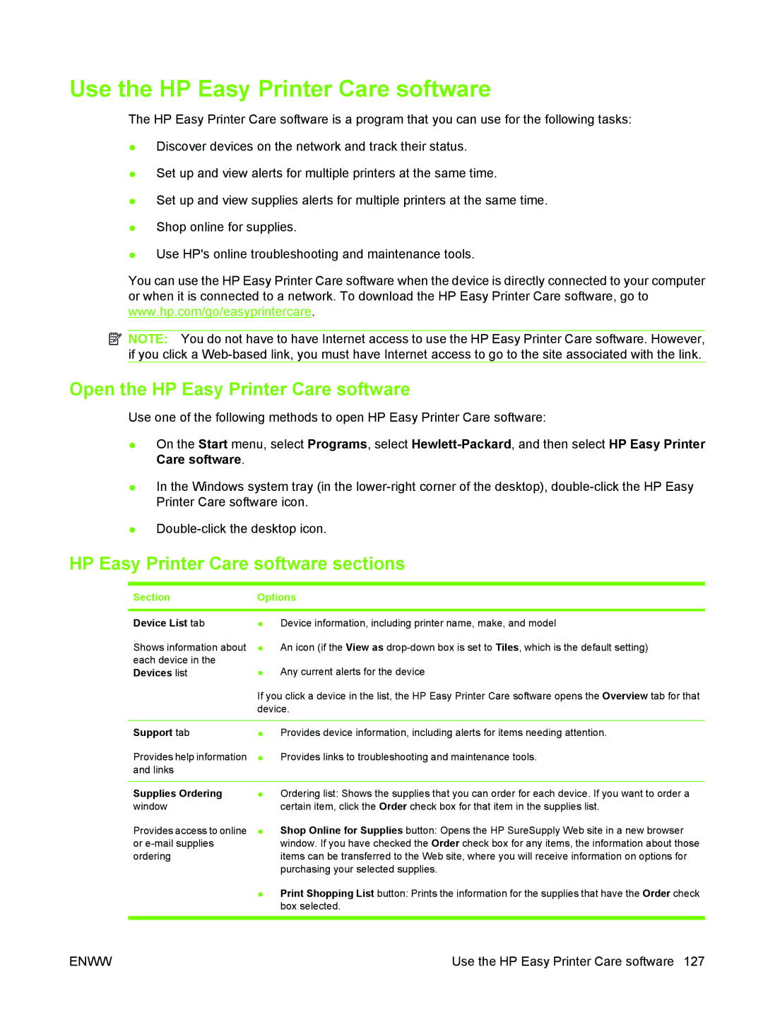 HP M3027/M3035 manual Use the HP Easy Printer Care software, Open the HP Easy Printer Care software, SectionOptions 