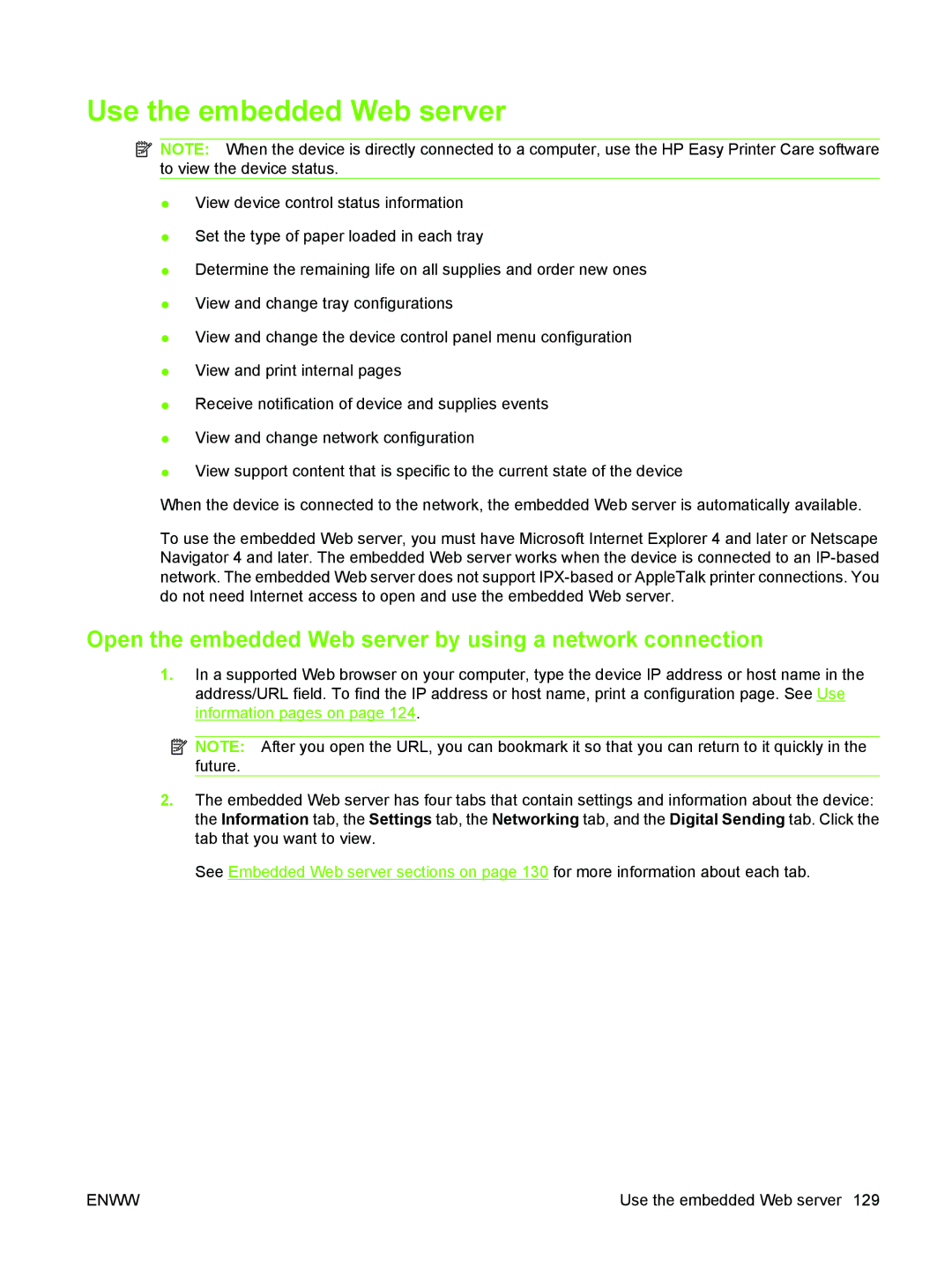 HP M3027/M3035 manual Use the embedded Web server, Open the embedded Web server by using a network connection 