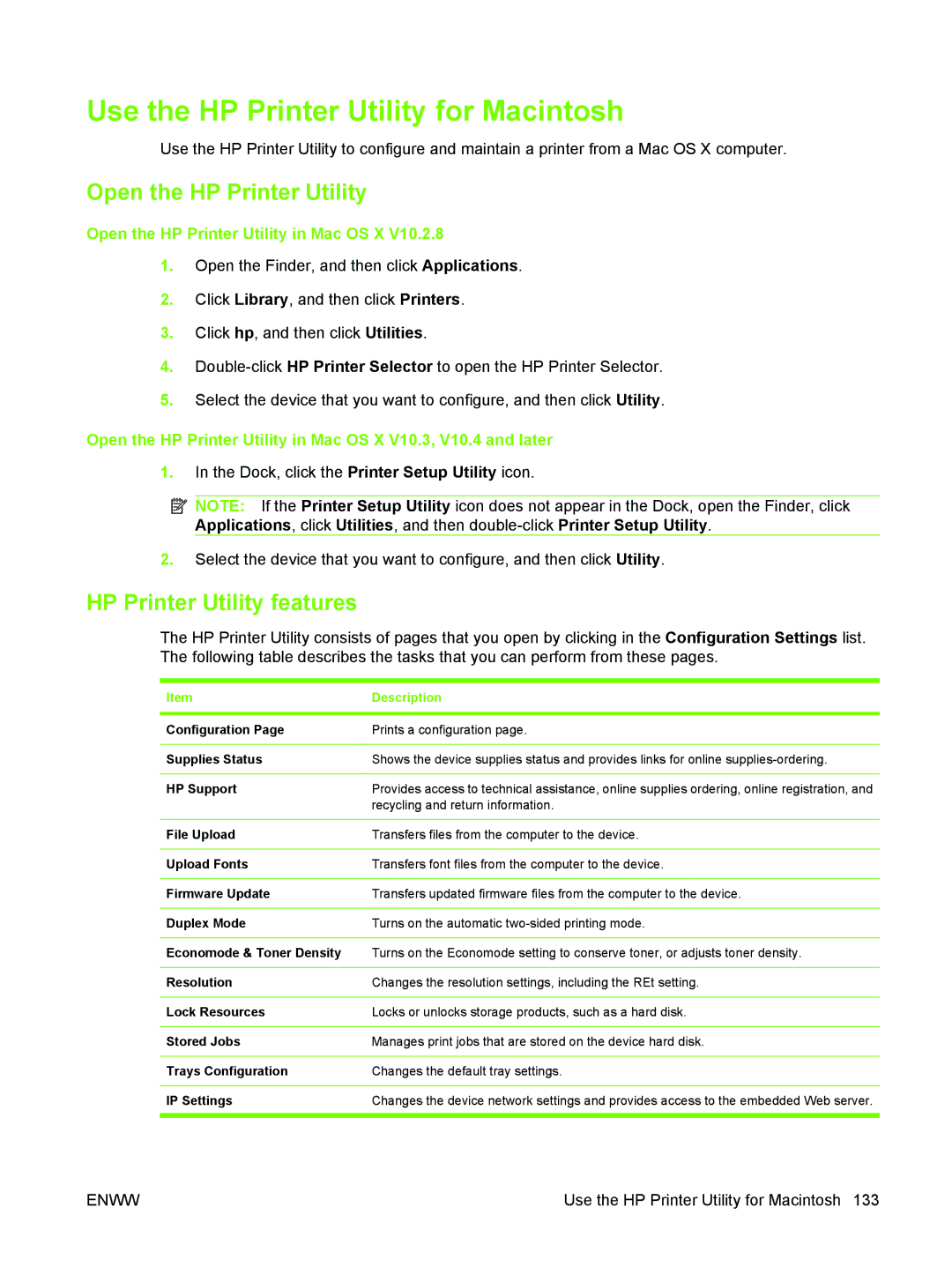 HP M3027/M3035 manual Use the HP Printer Utility for Macintosh, Open the HP Printer Utility, HP Printer Utility features 