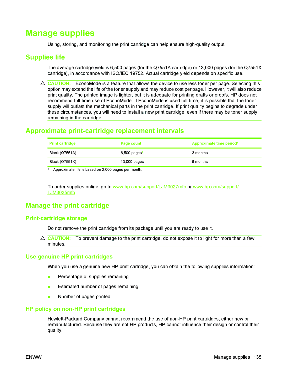 HP M3027/M3035 manual Manage supplies, Supplies life, Approximate print-cartridge replacement intervals 