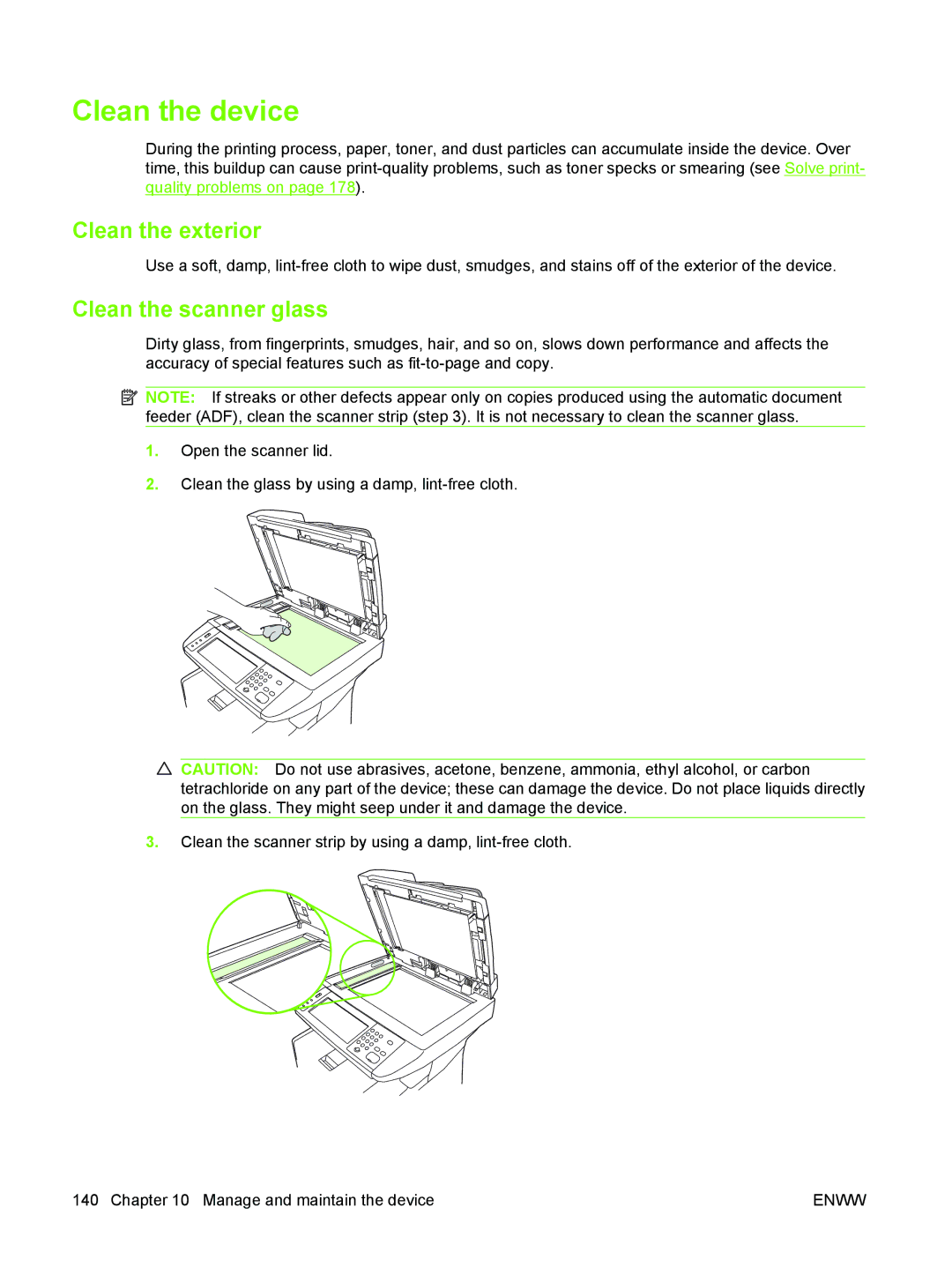 HP M3027/M3035 manual Clean the device, Clean the exterior, Clean the scanner glass 