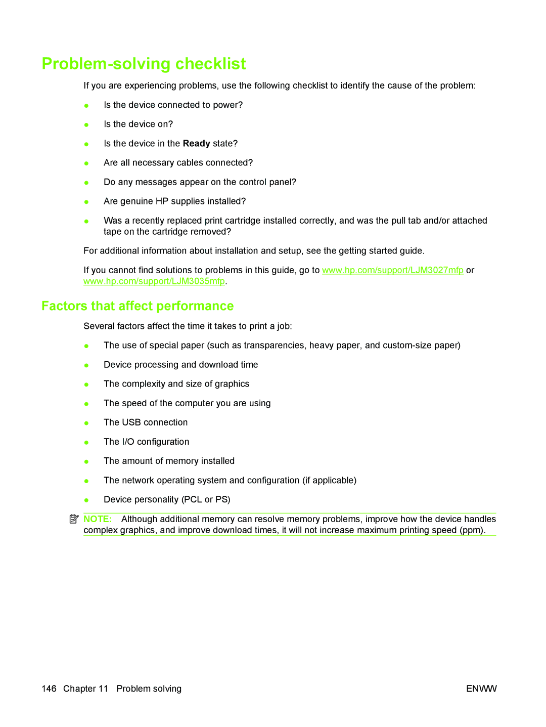 HP M3027/M3035 manual Problem-solving checklist, Factors that affect performance 