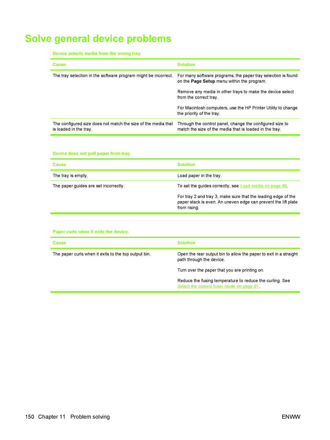 HP M3027/M3035 manual Solve general device problems, Device selects media from the wrong tray CauseSolution 