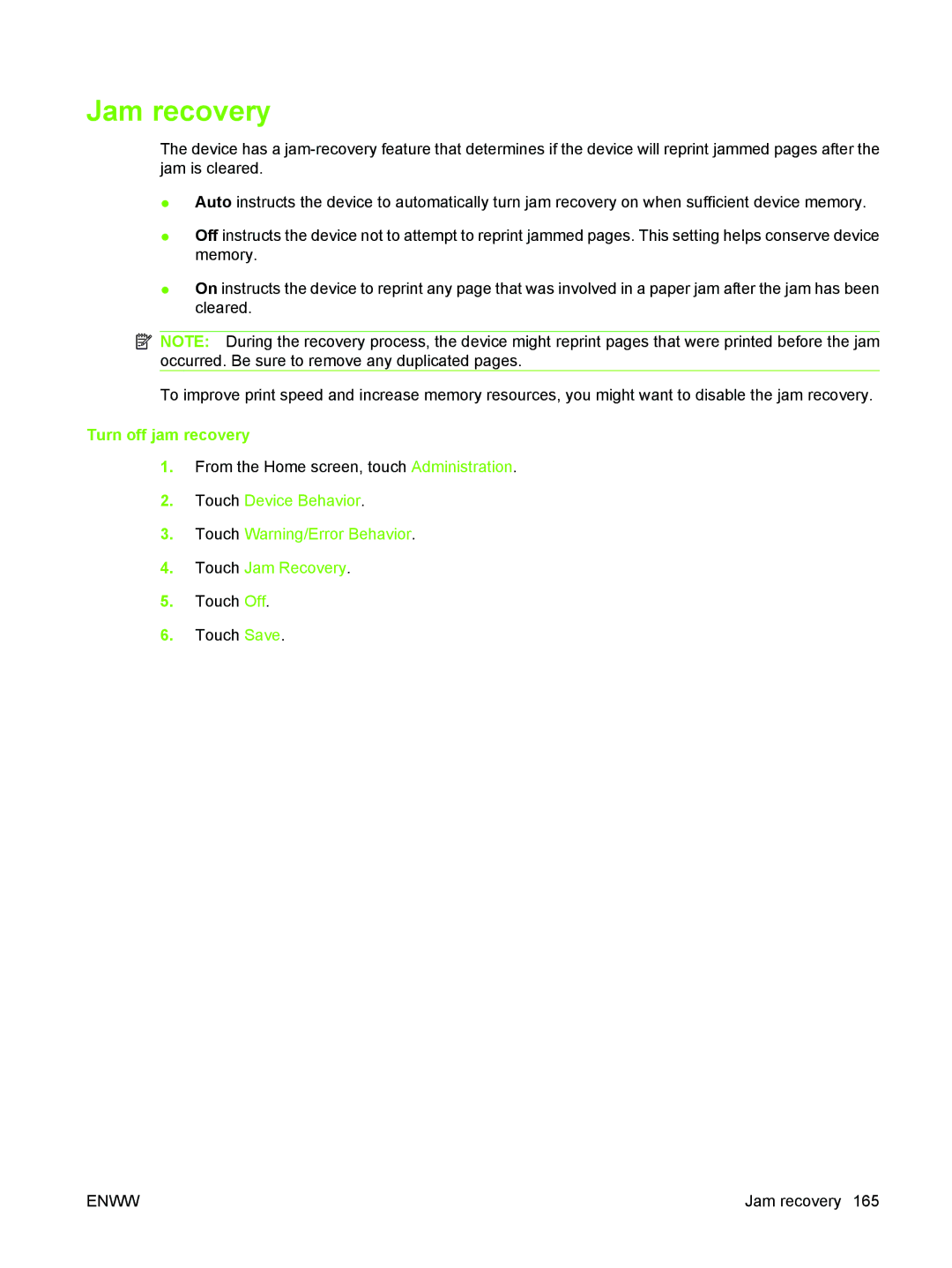 HP M3027/M3035 manual Jam recovery, Turn off jam recovery 