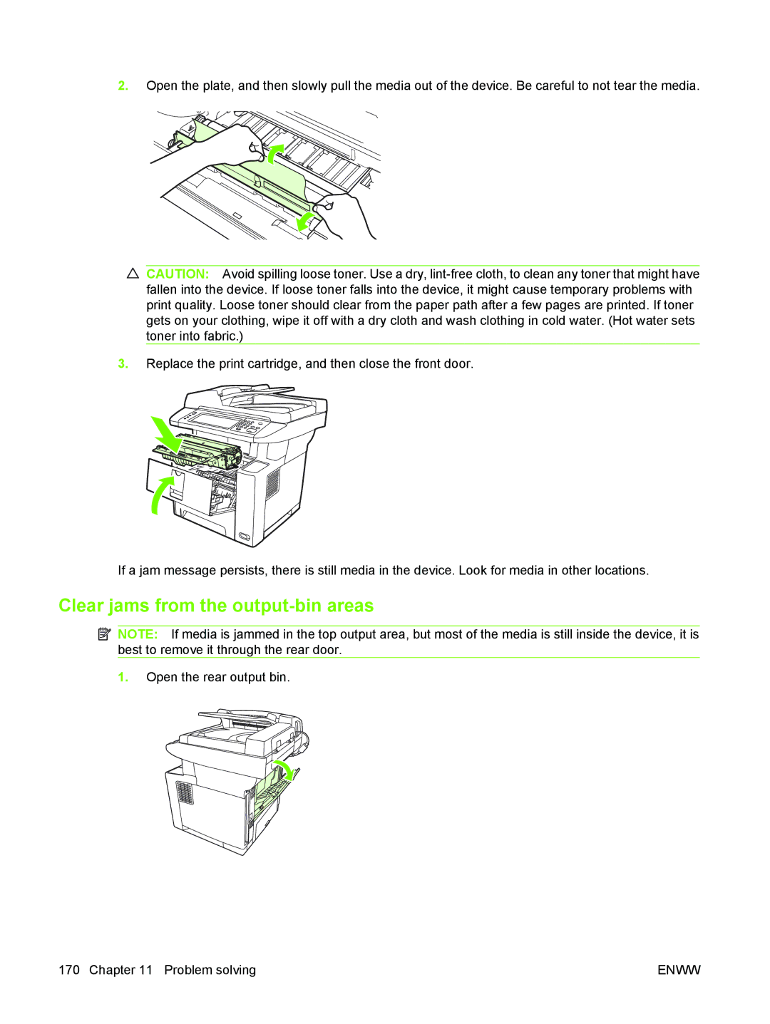 HP M3027/M3035 manual Clear jams from the output-bin areas 