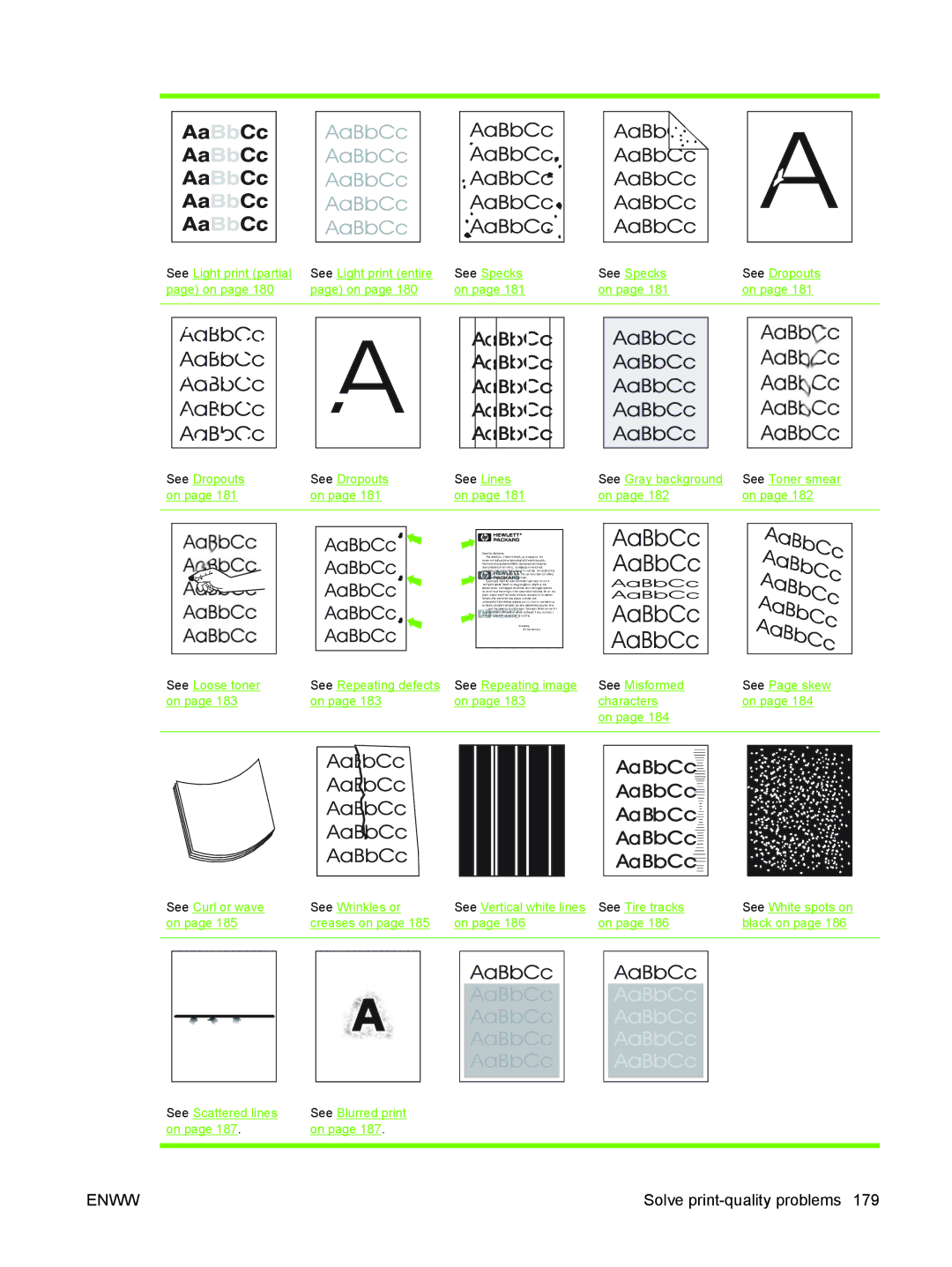 HP M3027/M3035 manual AaBbCc, See Dropouts See Lines See Gray background See Toner smear 