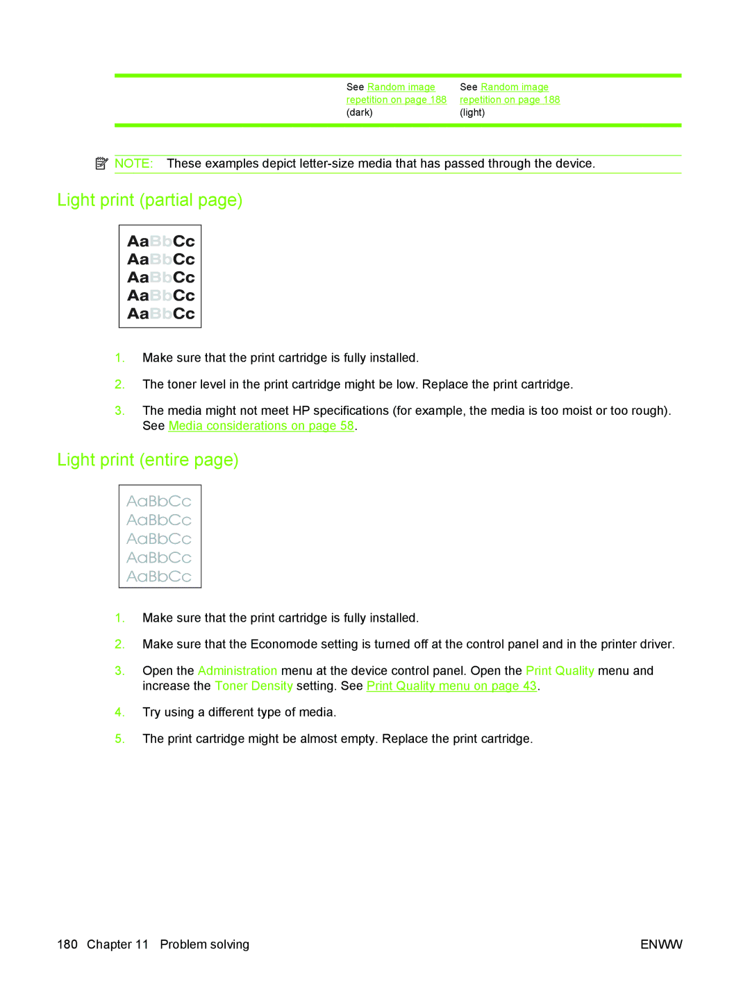 HP M3027/M3035 manual Light print partial, Light print entire, See Random image Repetition on 