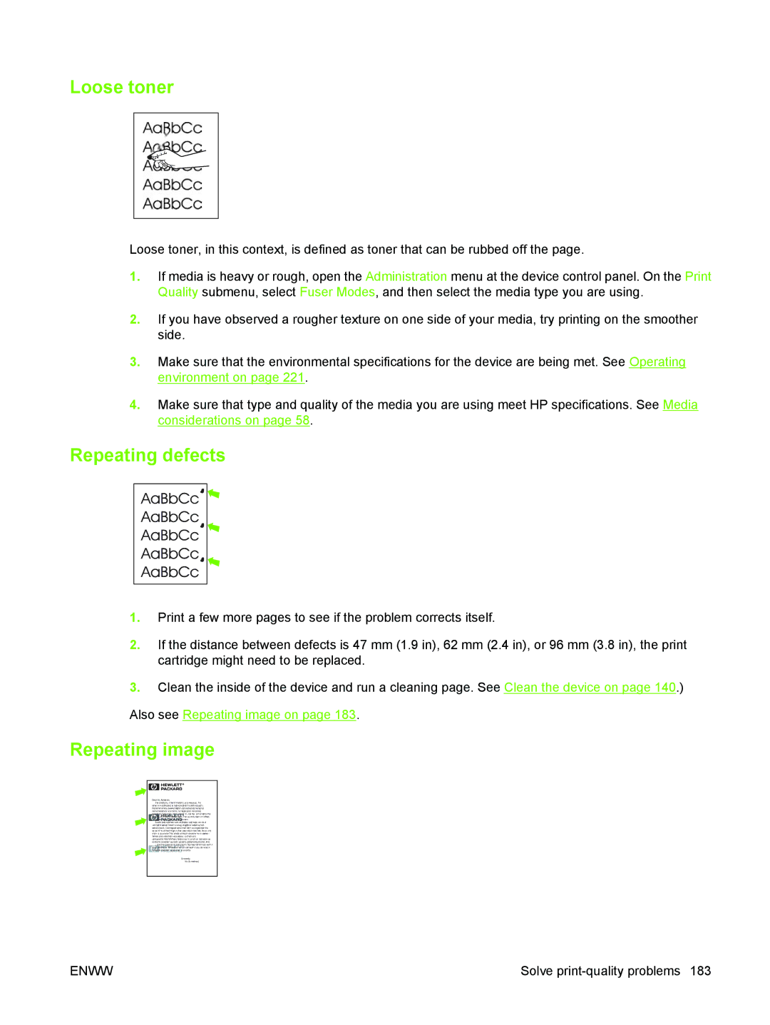 HP M3027/M3035 manual Loose toner, Repeating defects, Repeating image 