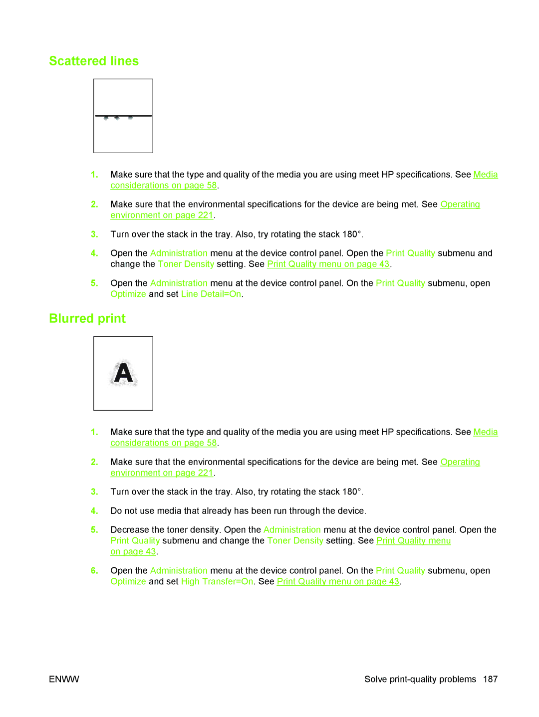 HP M3027/M3035 manual Scattered lines, Blurred print 