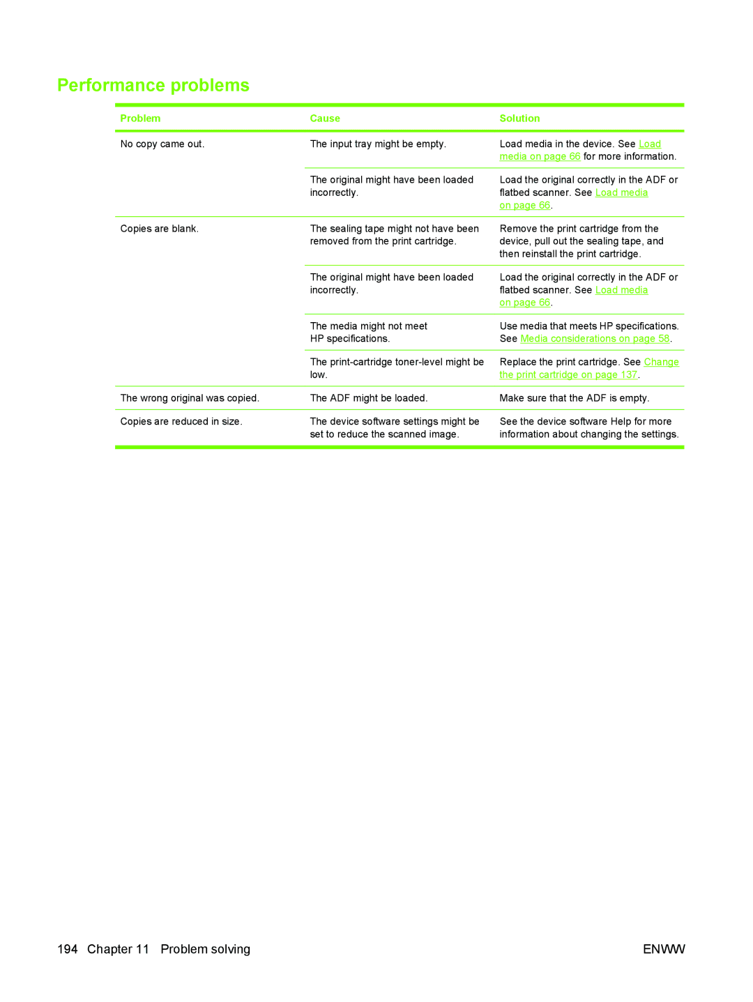 HP M3027/M3035 manual Performance problems, See Media considerations on 