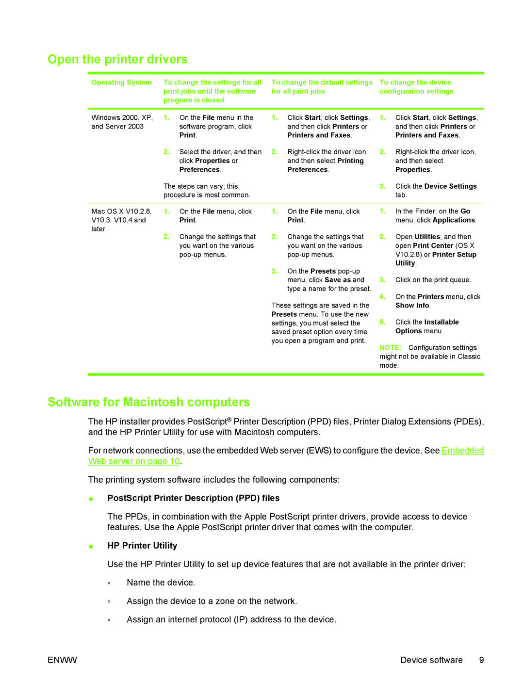 HP M3027/M3035 manual Open the printer drivers, Software for Macintosh computers, To change the device 