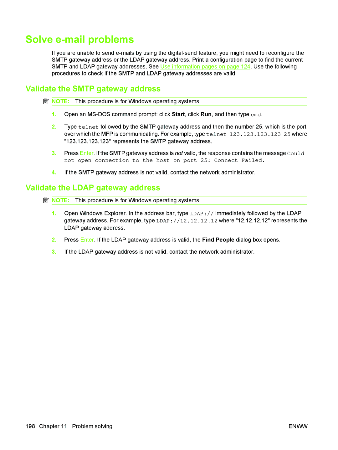 HP M3027/M3035 manual Solve e-mail problems, Validate the Smtp gateway address, Validate the Ldap gateway address 