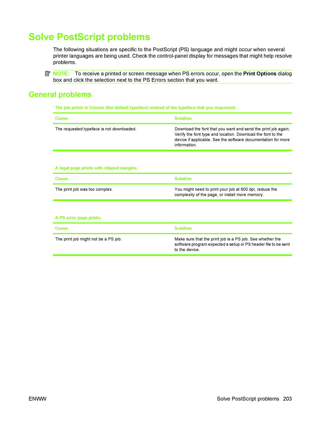 HP M3027/M3035 manual Solve PostScript problems, General problems, Legal page prints with clipped margins Cause Solution 