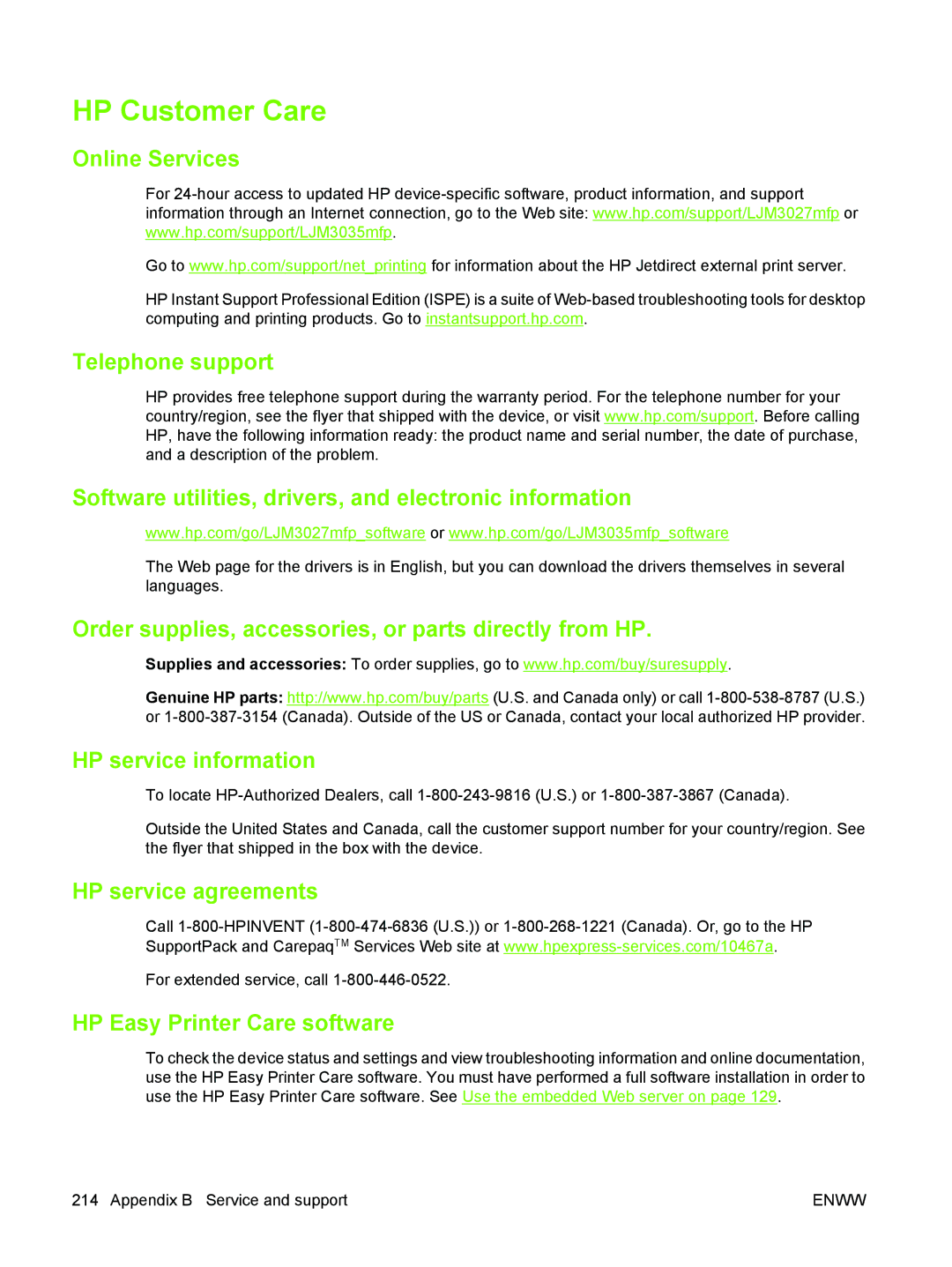 HP M3027/M3035 manual HP Customer Care, Online Services, HP service agreements, HP Easy Printer Care software 