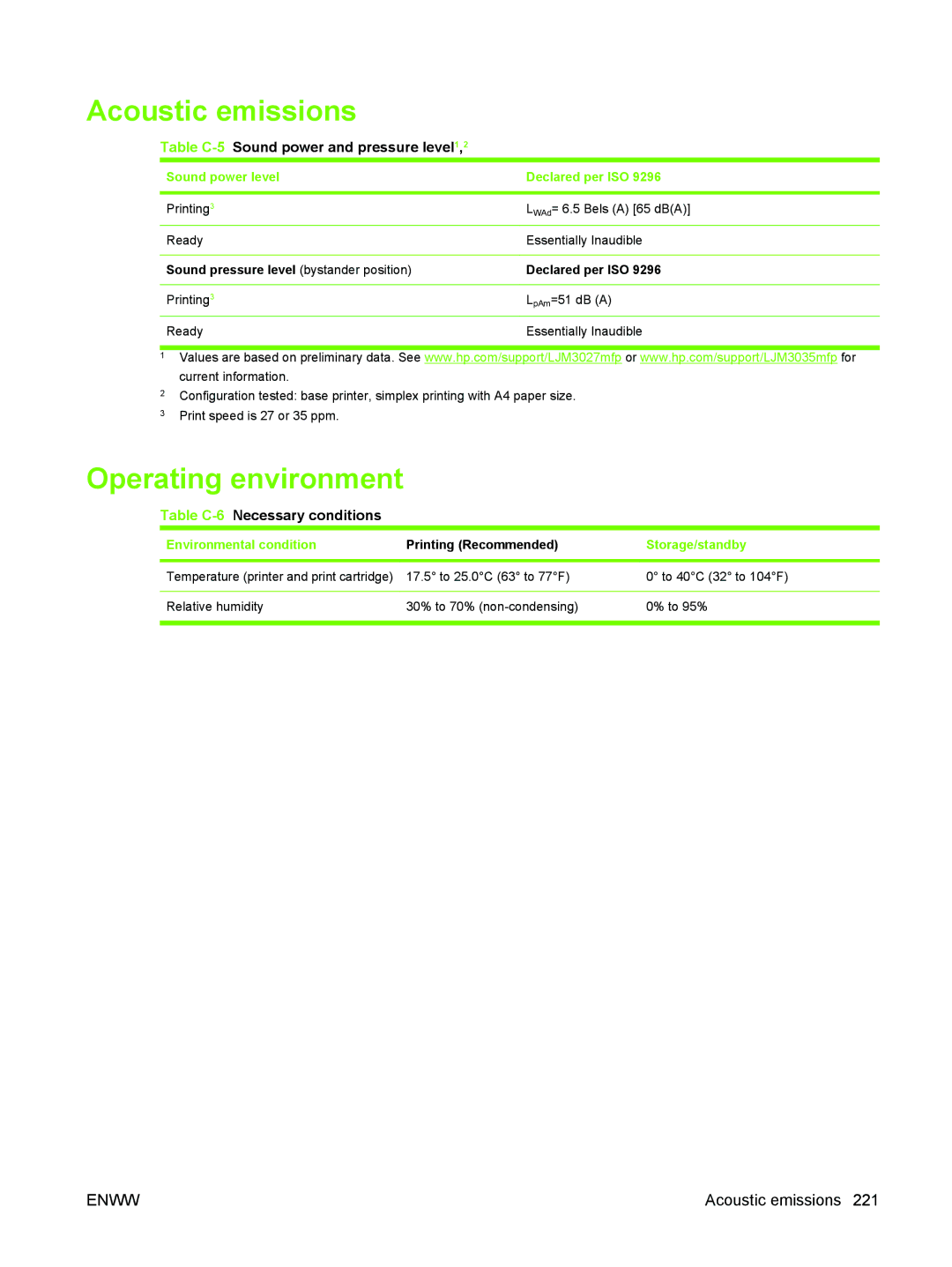 HP M3027/M3035 manual Acoustic emissions, Operating environment, Table C-5Sound power and pressure level1,2 