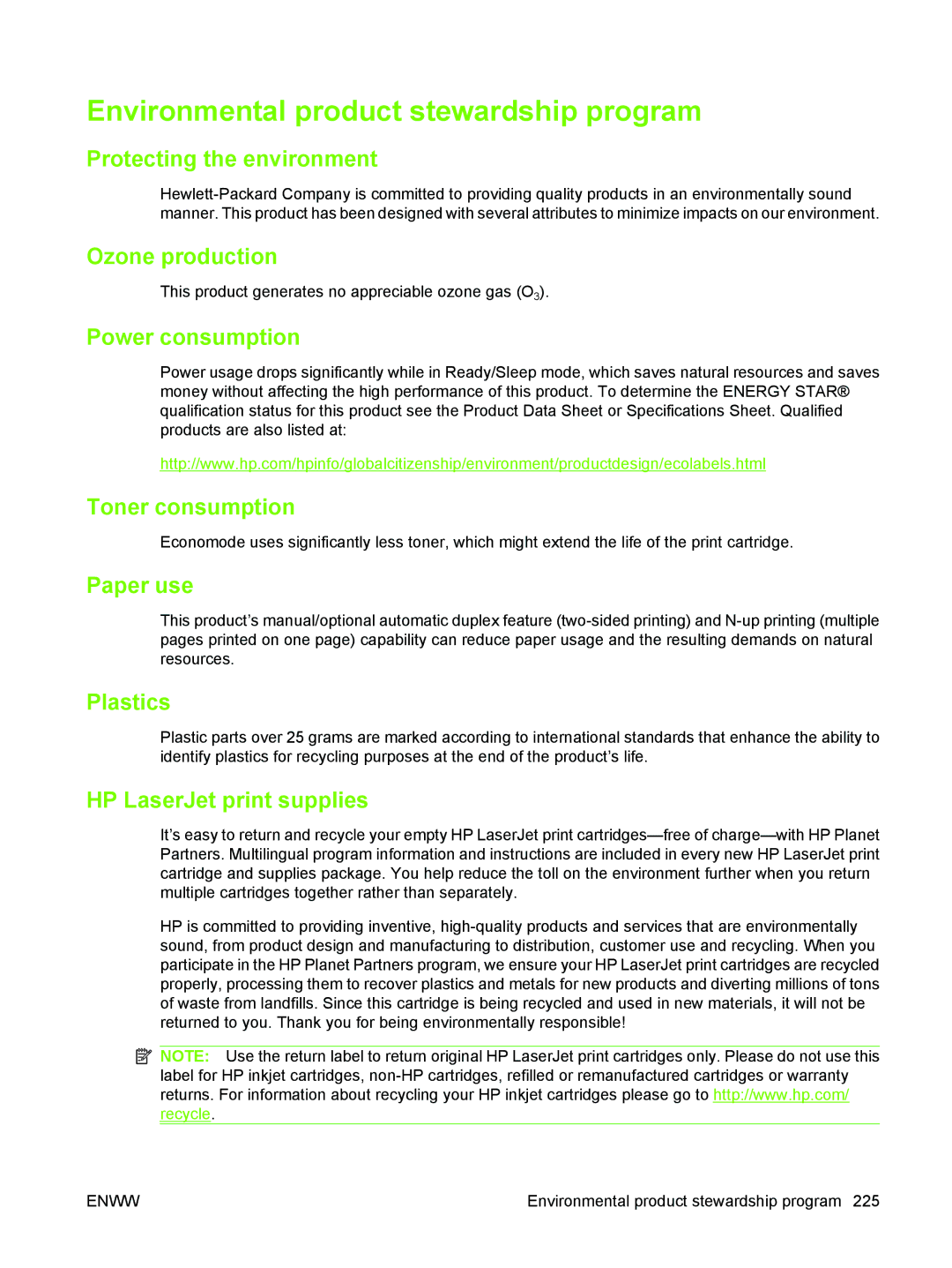 HP M3027/M3035 manual Environmental product stewardship program 