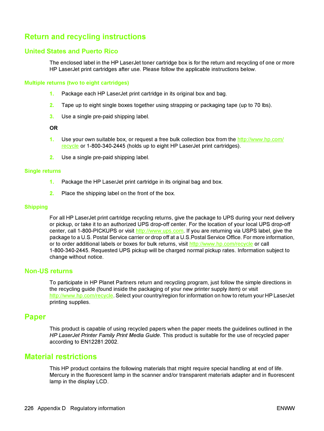 HP M3027/M3035 manual Return and recycling instructions, Paper, Material restrictions, United States and Puerto Rico 