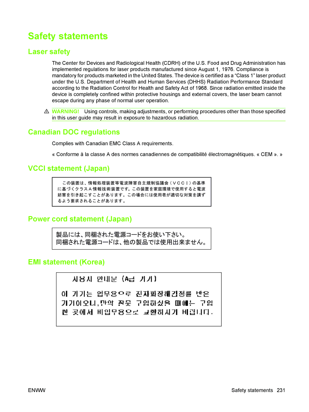 HP M3027/M3035 manual Safety statements, Laser safety, Canadian DOC regulations 