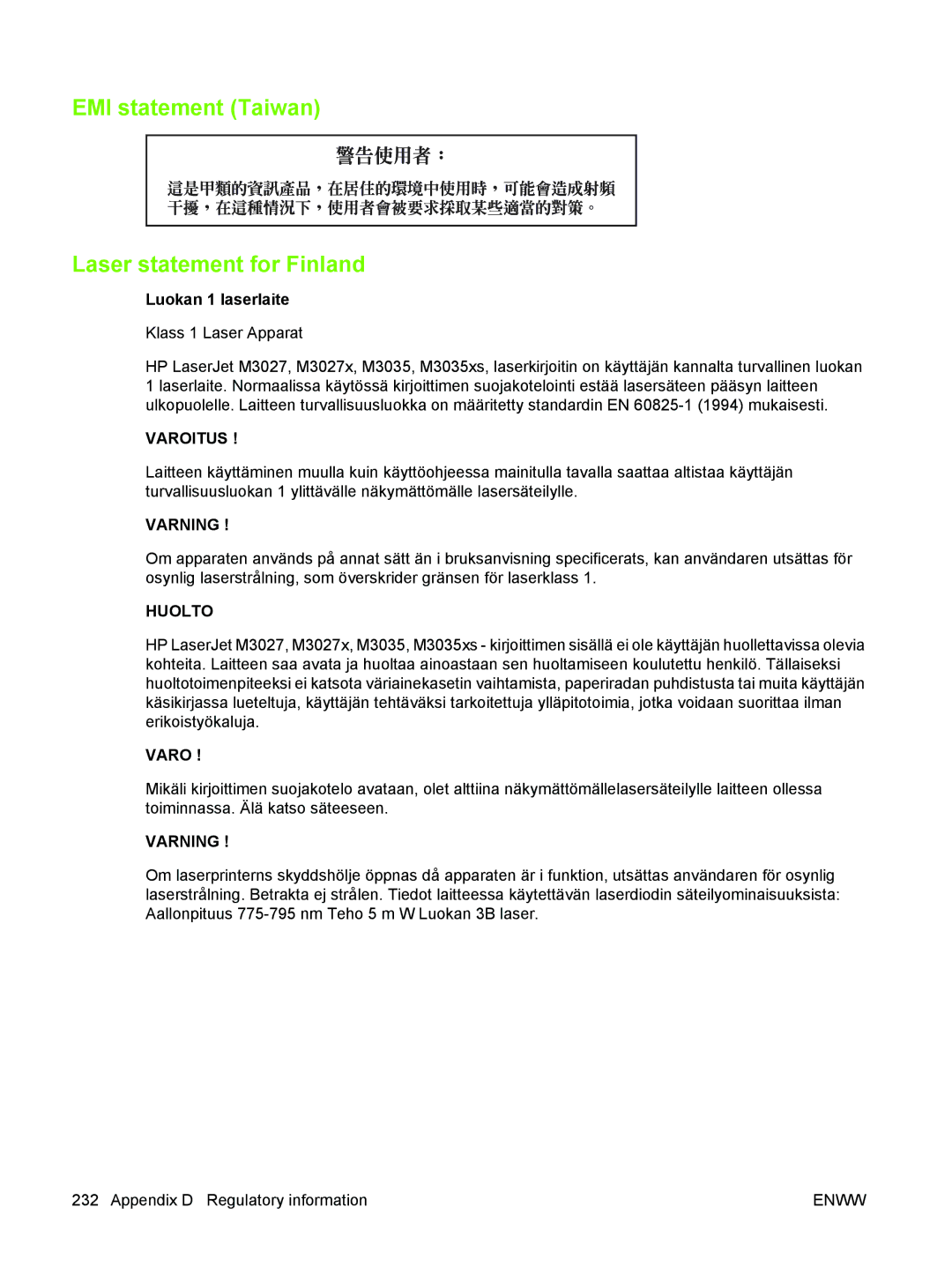 HP M3027/M3035 manual EMI statement Taiwan Laser statement for Finland, Luokan 1 laserlaite 