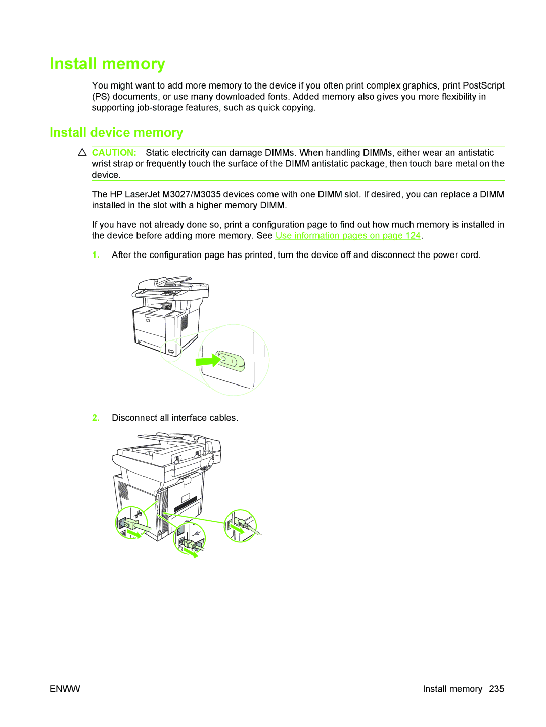 HP M3027/M3035 manual Install memory, Install device memory 