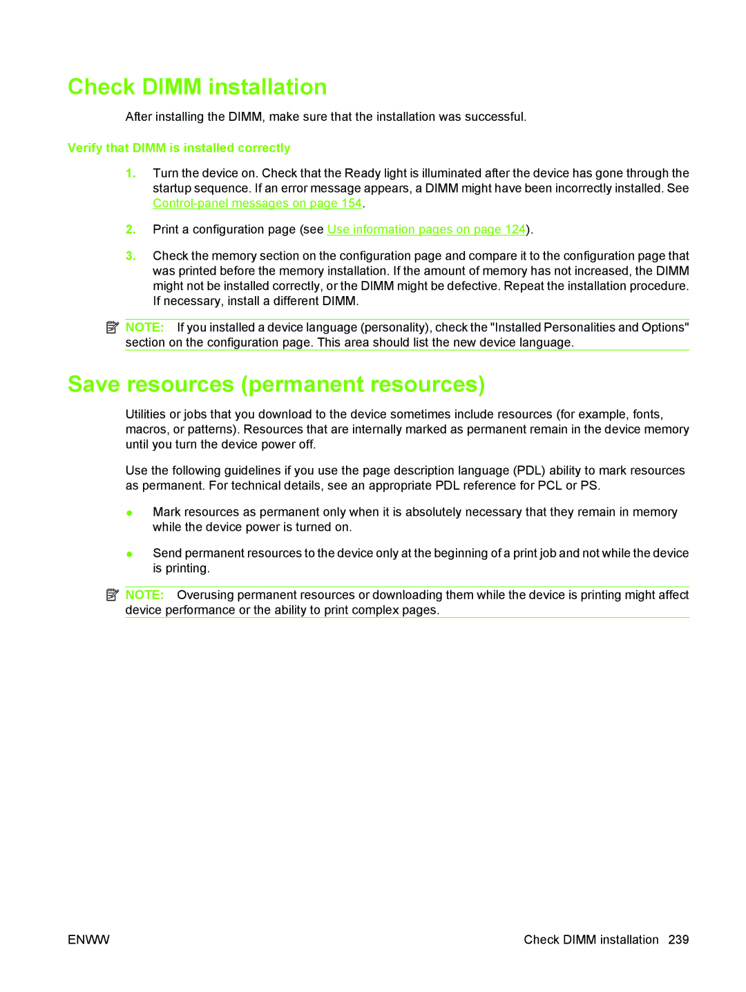 HP M3027/M3035 manual Check Dimm installation, Save resources permanent resources, Verify that Dimm is installed correctly 
