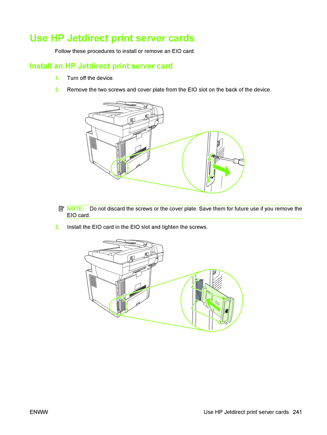 HP M3027/M3035 manual Use HP Jetdirect print server cards, Install an HP Jetdirect print server card 