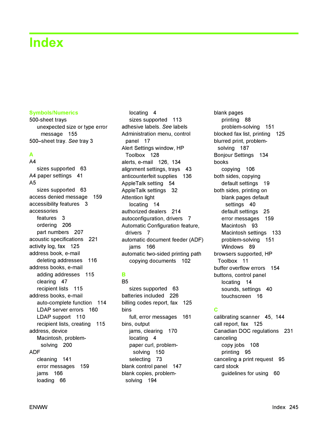 HP M3027/M3035 manual Index, Symbols/Numerics 