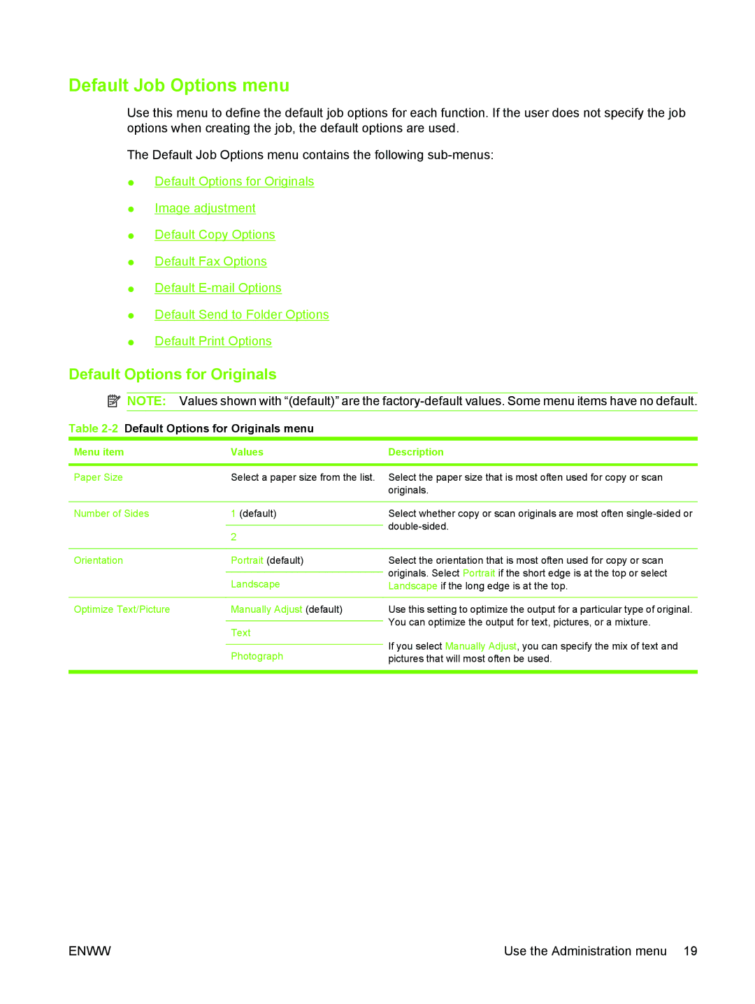 HP M3027/M3035 manual Default Job Options menu, 2Default Options for Originals menu, Menu item Values Description 