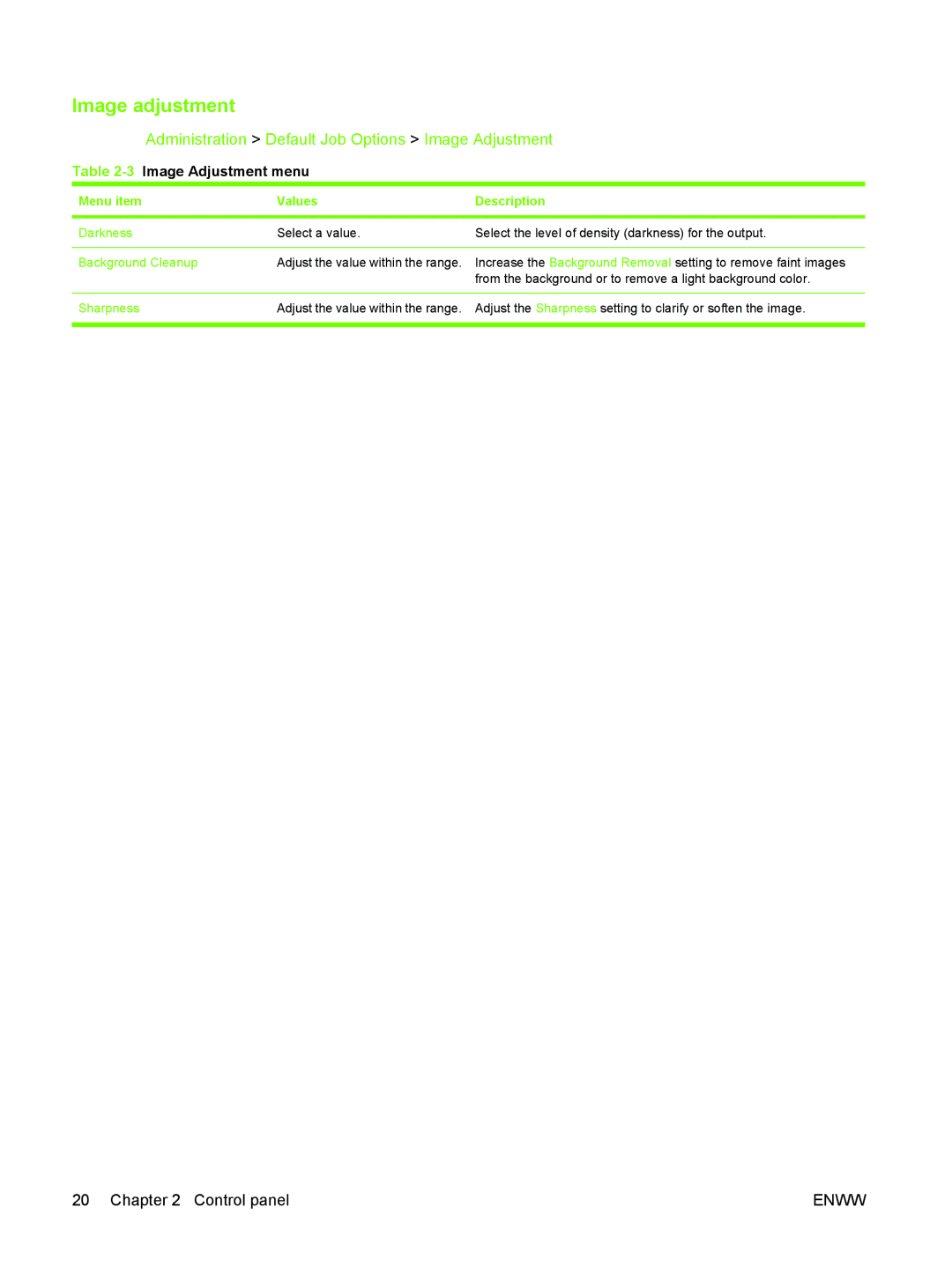 HP M3027/M3035 manual Image adjustment, 3Image Adjustment menu, Darkness, Background Cleanup, Sharpness 